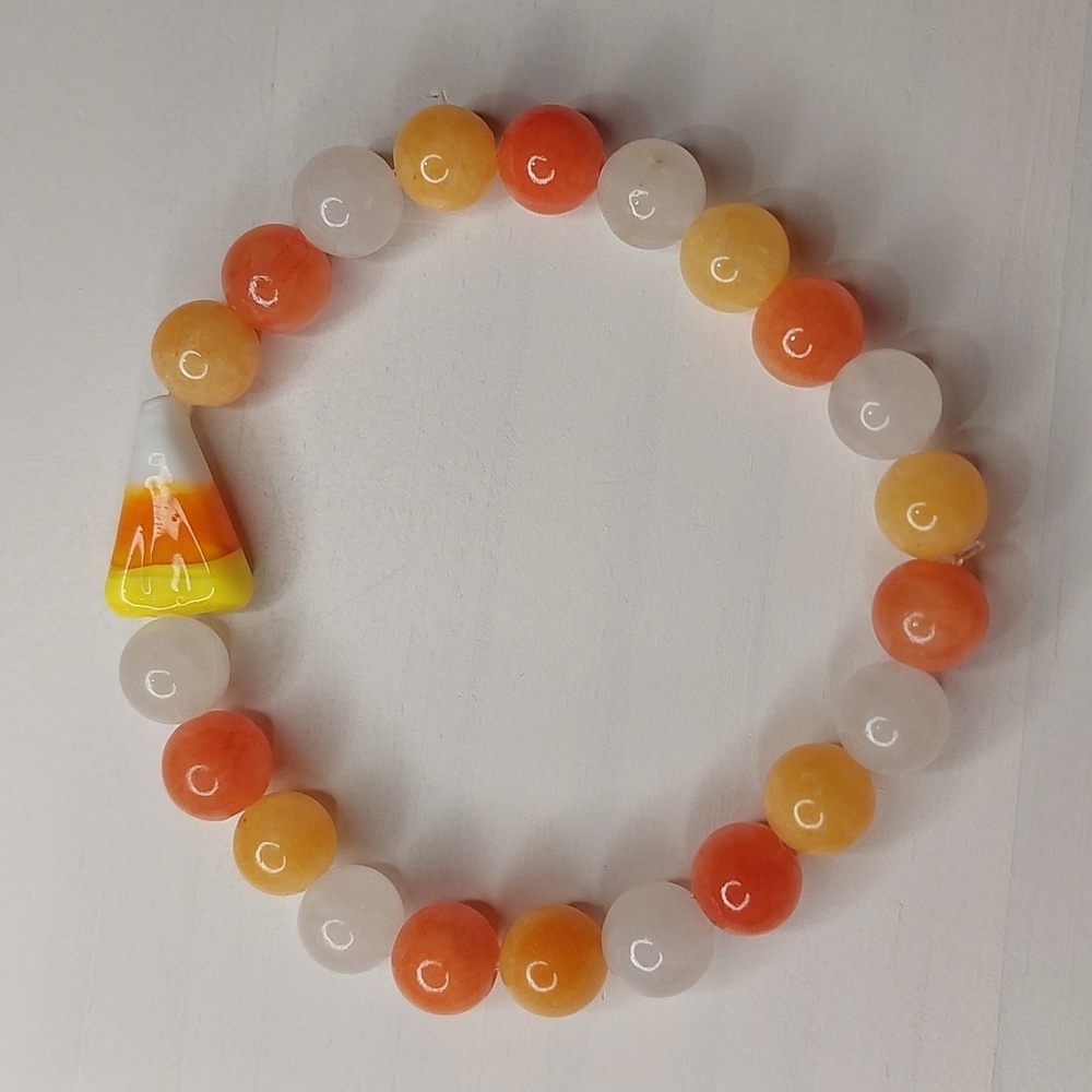 Candy Corn/White/Orange/Beeswax Yellow Jade stone 8mm round beaded bracelet #5